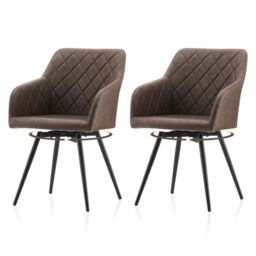 TUKAILAi Dining Chairs Set of 2, 360° Swivel Upholstered Kitchen Armchairs with Backrest and Metal Legs, Faux Leather Chairs for Home Office Bedroom Living Room Lounge(A – Brown,Pack of 2)