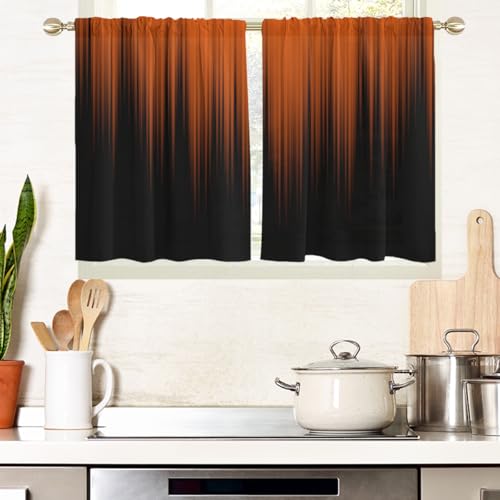 "AAtter Orange and Black Kitchen Curtains, Ombre 27.5"" W x 36"" L, 2 Panels - Terracotta Modern Rod Pocket Drapes, Dark Abstract Striped Style, Trendy Anime Design, Small Short Bathroom Window Tiers"