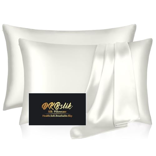 Silk Pillowcase 2 Pack, Mulberry Silk Pillow Cases Queen Size Set of 2, Anti Acne Silk Pillowcase for Hair and Skin, Natural Silk Satin Pillowcases Gifts for Women Men 2 Pack with Zipper, Ivory