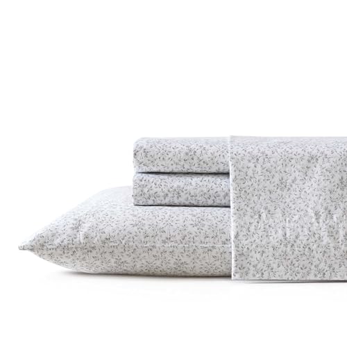 Laura Ashley - Queen Sheets, Soft Sateen Cotton Bedding Set, Sleek, Smooth, & Breathable Room Essentials (Tierney Gray, Queen)