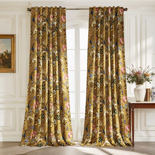 StangH Gold Brown Floral Blackout Curtains 84 Inches Long for Balcony???Vibrant Floral Pattern Elegant Rustic Victorian Thermal Insulation Window Treatment???W52xL84???2 Panels