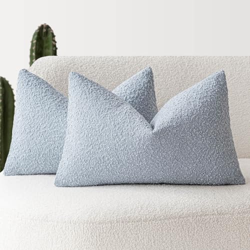 Foindtower Pack of 2 Modern Textured Boucle Lumber Throw Pillow Covers Accent Solid Decorative Pillow Cases Cozy Couch Cushion Case for Sofa Bed Living Room Home Decor, 12 x 20 Inch, Light Blue