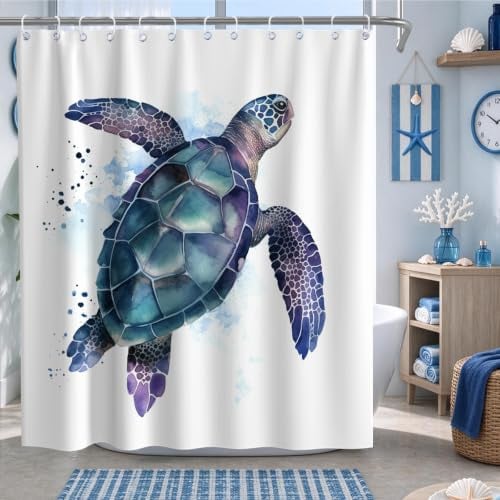 Final Friday Funny Cute Sea Turtle Shower Curtains Ocean Animal Cartoon Kids Theme Cloth Fabric Bathroom Decor Sets with Hooks Waterproof Washable 72W x 80H inches Teal Purple