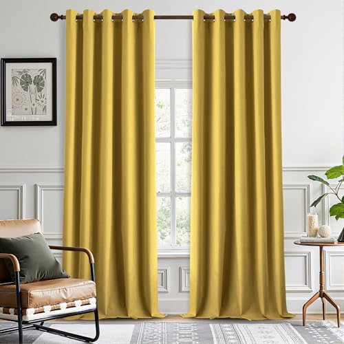 DONREN Thermal Insulated Linen Full Blackout Curtains 66x108 Inches, Grommet Room Darkening Drapes for Bedroom & Living Room, 2 Panels, Gold Yellow