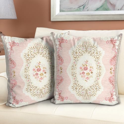 BUAEL Boho Floral Throw Pillow Covers 16x16 inch Set of 2,Pink Boho Rug Geometric Floral Pattern Decor Double Sided Pattern Cushion Cover Soft Pillow Case Living Sofa Room Bed Square Pillow Cover