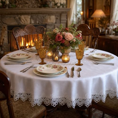 "ARTABLE Round Tablecloth Lace Rustic Macrame Embroidered Table Cloths for Harvest Dresser Decor Farmhouse Kitchen Home (White, 70"" Round)"