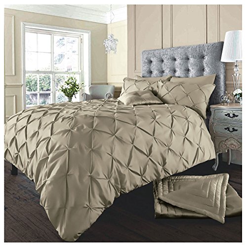 GC GAVENO CAVAILIA Pinch Pleated Double Bedding Set, Diamond Pleat Pintuck Comforter Cover, Soft Polycotton & Breathale Quilt Cover, Latte