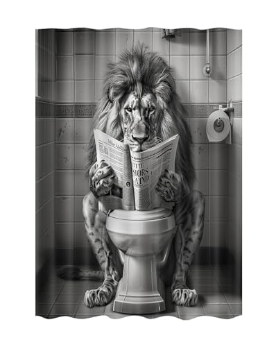 JAWO Funny Cool Lion Shower Curtain, Fun Leo Wild Masculine Animal Humor Leo Animal on Toilet Shower Curtains Set, African American Grey and White Mens Shower Curtains Bathroom with Hooks 47x64