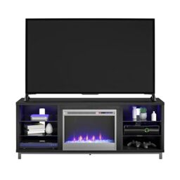 "Ameriwood Home Lumina Fireplace TV Stand, Black Oak, Holds TVs up to 70"", Modern Entertainment Center with RGB LED Lights"