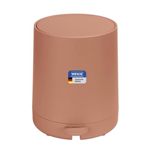 WENKO Fablo Mod Plastic Cosmetic Pedal Bin with Soft-Touch Coating, 5L Bathroom Trash Can with Easy-Close Closure, Removable Bin, for Bathroom, Kitchen, Office, Matte Brown