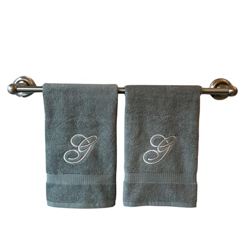 Decorvo Gray Monogrammed Hand Towels for Bathroom - Luxury Hotel Quality Personalized Initial Embroidered Towel for Powder Room, Spa - GOTS Organic Certified - Set of 2 Silver Letter G