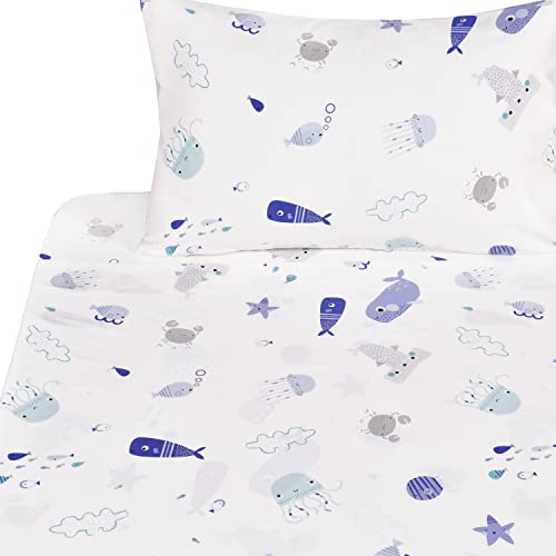 J-pinno Sea Animal Fish Whale Underwater World Cute Cozy Fun Twin Sheet Set for Kids Girls Children100% Cotton Flat Sheet + Fitted Sheet + Pillowcase Bedding (10, Twin)