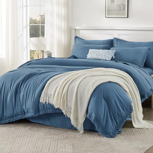 Andency Full Comforter Set, 7 Pieces Sea Blue Bedding - Boho Bed in a Bag, Soft Lightweight, Fringe Bed Set with Comforter(79x90), Sheets, Pillowcases & Shams