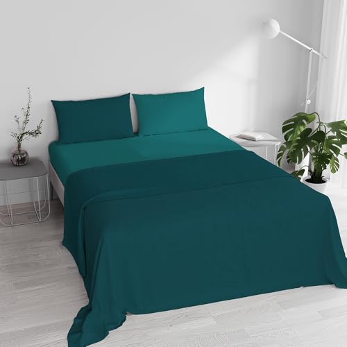 Double Bed Sheet Set, 100% Natural Cotton, Made in Italy – Complete Bed Set, Fitted Sheet, Top Sheet 240 x 300 cm and Pillowcases with Inner Flap, Petrol Green/Bottle Green