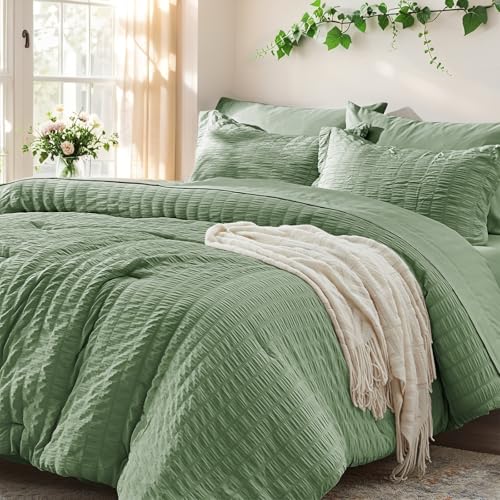 Queen Comforter Set 7 Piece, Sage Green Bed in a Bag Queen Bedding Sets - Zzlpp Seersucker OEKO-TEX Certified Down Alternative Comforter with Breathable sheets&pillowcases,Lightweight,All Season