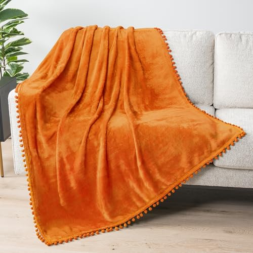 PAVILIA Fleece Throw Blanket for Couch with Pom Pom Fringe, Orange Fall, Soft Cozy Fuzzy Flannel Blanket for Sofa Bed, Lightweight Plush All Season Throw, 50x60 Inches