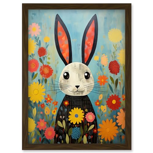 Artery8 Funny Bunny Illustration Modern Floral Rabbit Animal Artwork for Kids Bedroom or Baby Nursery Artwork Framed Wall Art Print A4