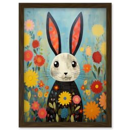 Artery8 Funny Bunny Illustration Modern Floral Rabbit Animal Artwork for Kids Bedroom or Baby Nursery Artwork Framed Wall Art Print A4