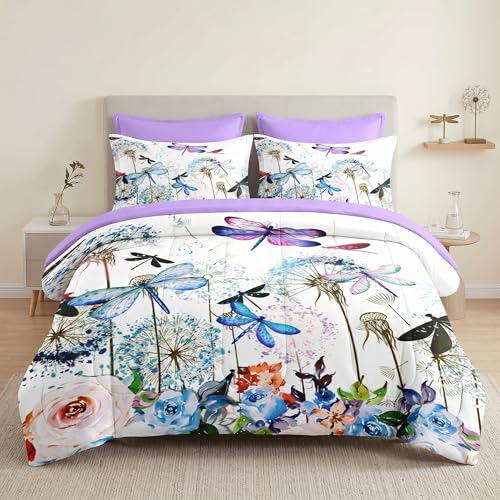 Pamnest Comforter Set Queen Size, Dragonfly Flower 7 Pcs Bedding for Kids and Adults, Purple Rose Hydrangea Bed Sheet Sets with Fitted Sheet 2 Pillowcases & 2 Shams for Bedroom Bed Decor