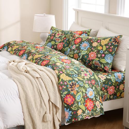 MEISHANG California King Sheet Set - Ultra Soft Floral Sheets 100% Microfiber,1800 Thread Count Floral Bed Sheets Oeko-Tex Certificated - 4 Pieces - Dark Green