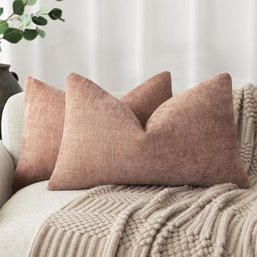 Foindtower Pack of 2 Soft Textured Chenille Throw Decorative Pillow Covers Square Accent Solid Cushion Cover Neutral Lumbar Pillow Case for Couch Sofa Bedroom Living Room 12x24 Inch,Dusty Pink