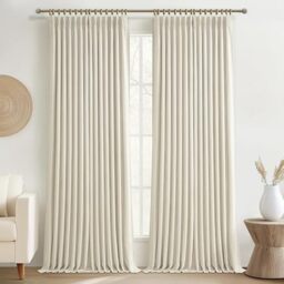 "Extra Wide 70 Inch Cream Blackout Curtains 92 Inches Long for Patio Sliding Glass Doors, Memory Trained Pinch Pleat Two Layer Linen Soundproof Insulated Modern Windows Curtain 2 Panel Set 70"" Wx92 L"