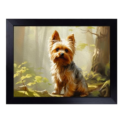 Lap Tray with Bean Bag Cushion, Yorkshire Terrier Art Informel - Handmade in the UK, Raised Wooden Edge, Padded Cushion, Heat-Resistant Wipe-Clean Surface, for Meals, Laptops and Crafts