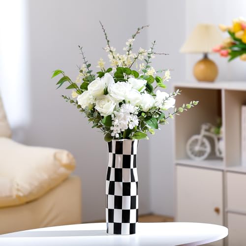 Ninehaoou Black and White Checkered Vase Modern Checkered Decor Decorative Ceramic Black White Flower Shaped Vase Black and White Vases Decorative Vase for Office, Bedroom, Home Decor (Large)