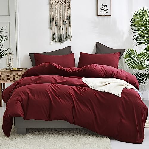 Luxlovery Dark Red Comforter Set Cal King Burgundy Bedding Set California King Women Wine Red Crimson Blanket Quilts Modern Solid Claret 3 Piece Marroon Bedding Comforter Set