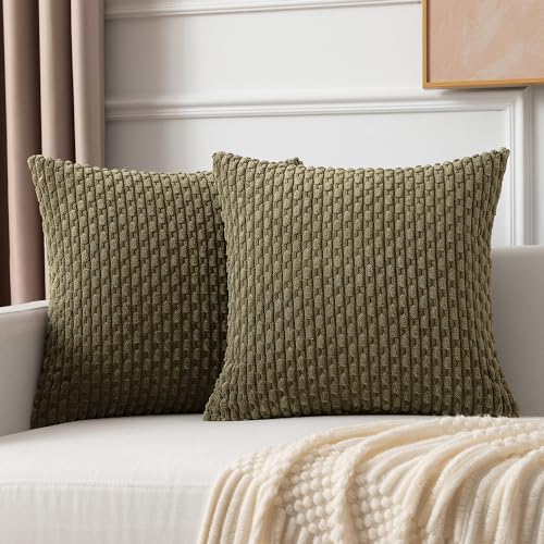 Kevin Textile Pack of 2 Corduroy Decorative Throw Pillow Cushion Covers 18x18 Inch Soft Boho Striped Cushion Covers Modern Farmhouse Home Decor for Sofa Living Room Couch Bed Olive Green