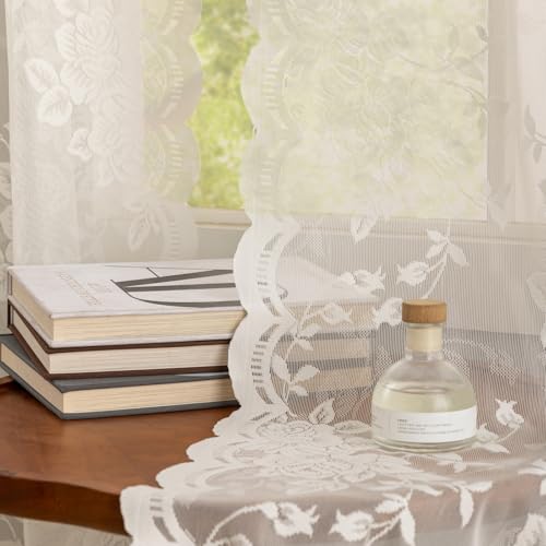 YJ YANJUN Cream Lace Curtains 96 inches Long 2 Panels Old Fashion Floral Sheer Curtains for Living Room Office Light Fliltering Victorian Curtains Panels Rod Pocket 8FT 52 x 96 Inch Ivory/Off White