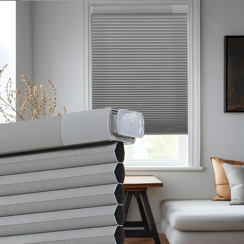 "Tonature No Drill No Tools Cellular Shades for Indoor Windows 38mm Honeycomb Blinds Cordless Free Stop Blinds for Windows Grey Blackout 36"" WX64 H"