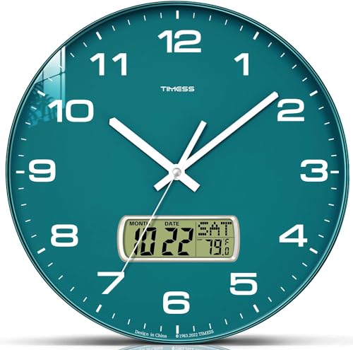 "TIMESS Wall Clock, 13"" Dial Non-Ticking Silent Battery Operated Analog with LCD Display for Perpetual Calendar and F° Temperature, Ideal Modern Home, Office Decor (Green)"