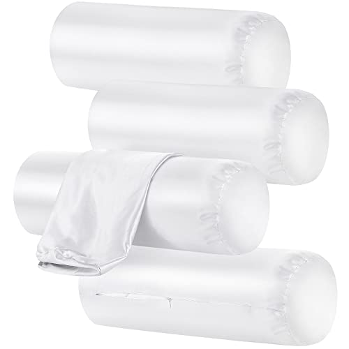 Remerry 4 Pack 16 x 6 Inches White Neck Roll Pillow Case Cover Only Round Bolster Cervical Roll Satin Cylinder Pillow Case Cover with Zipper