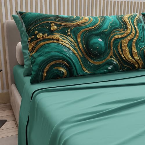 PETTI Artigiani Italiani - Double Bed Sheets Cotton with Pillowcases in Digital Print, Double Bed Sheet with Teal Marble Design, 100% Made in Italy