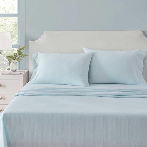 Martha Stewart - Queen Size Sheets Set, Crisp & Tailored Cooling Sheets w/a Naturally Smooth Cotton Percale Lightweight Feel - Bed Sheets with Matching Pillowcases & Fitted Sheet (Stripe Blue)