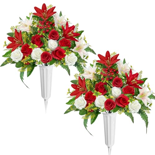 ICX Artificial Cemetery Flowers with Vase, 2 Sets Artificial Rose, Lily Graveyard Flowers for Graveyard, Memorial Day Flowers for Graveyard Flowers for Grave, Graveyard Grave Decorations for Cemetery