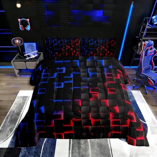Erosebridal Geometric Checkered Boys Bedding Set Queen Size Neon Red Blue Comforter Set for Kids Teen Men Gamer Room Decor,Abstract Ombre Plaid Comforter Geometry Grids Quilt Duvet Black