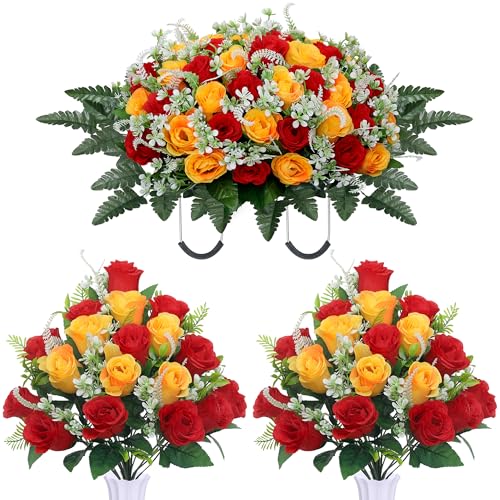 LOSFOTBO 3pcs Headstone Flowers Saddle for Tombstone,Cemetery Flower Memorial Bouquet with Vase,Rose Headstone Flowers Saddle (red Yellow)