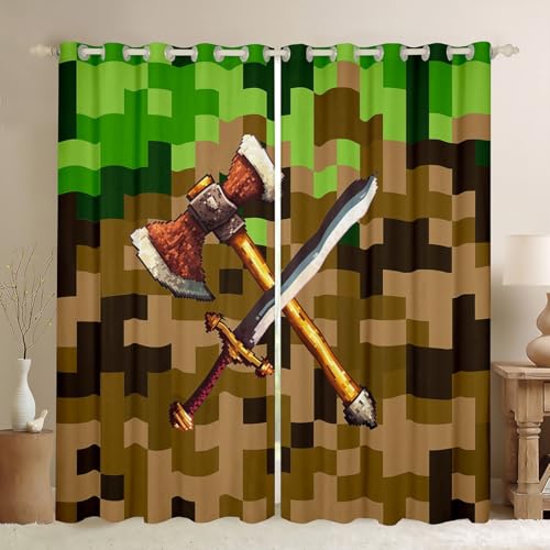 Castle Fairy Axe Sword Window Curtain,Camouflage Blocks Privacy 30-50% Blackout Curtain for Window Miner Theme Shade Windows Covering for Bedroom Pixel Style Drapes 2 Panels,38Wx45L