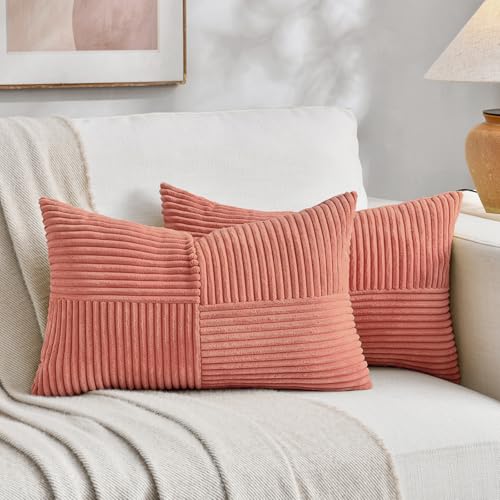 Fancy Homi 2 Packs Coral Red, Long Lumbar Cushion Covers, Decorative Cushion Covers for Couch, Bed, Sofa, Rustic Farmhouse, Boho Home Decor, Soft Striped Cord, Rectangle Accent, Peach