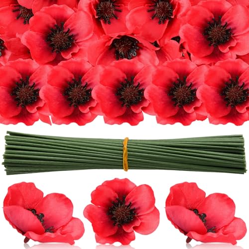 Augshy 75 Pieces Red Artificial Poppy Flowers, Fake Poppies Head Fake Wildflowers with 6 Inch Flower Branch for Remembrance Veterans Day Wedding Corsages Home Kitchen Decoration