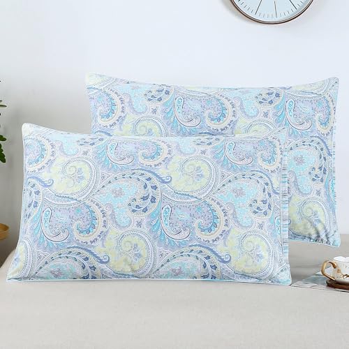 YOU SA 100% Cotton Pillowcases Pillow Cases Queen Size Blue Decorative Paisley Design Pillow Cover Set of 2 (Queen Size, 20x30 Inches)