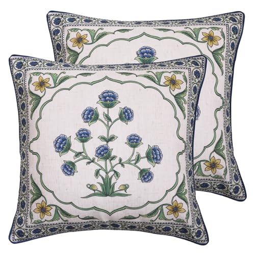 "patdrea Designer Throw Pillow Covers Set of 2,Blue Euro Elegant Linen with Blooming Floral Pattern Pillow Cover,Decorative Square Pillowcases Cushion for Bed Living Room Outdoor Car,18""x18"""