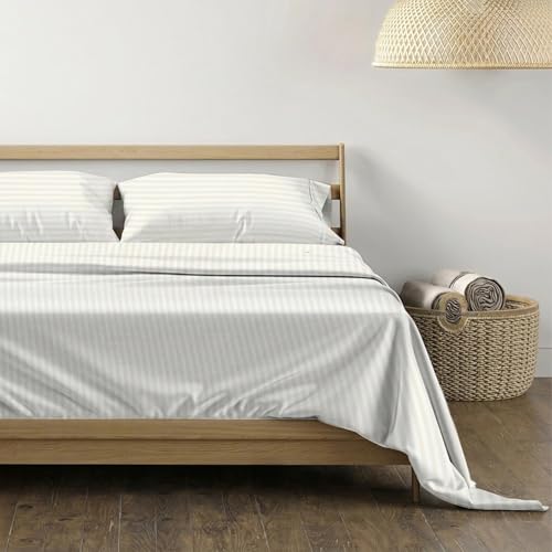 600-Thread-Count Egyptian Quality 100% Cotton Striped Sheets - Queen Damask Bedsheets for Hot Sleepers - Sateen Weave, Deep Pocket Fitted - 4 Pc Hotel Sheets for Queen Beds - Ivory