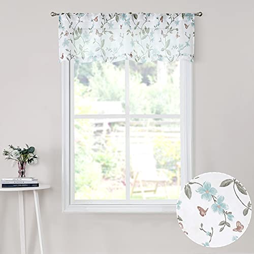 Tollpiz Sheer Floral Curtain Valance Blue Flower Butterfly Printed Bedroom Curtain Valances Rod Pocket Voile Faux Linen Window Valance Curtains for Living Room, 54 x 16 inches Long, Set of 1 Panel