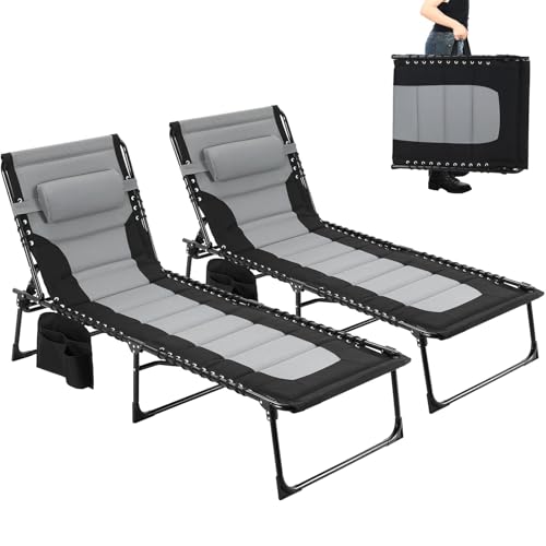 Clevich XXL Folding Deck Chair, Set of 2, 199 x 66 cm, Oversized Sun Lounger with 5-Way Adjustable Backrest, Garden Lounger with Pillow & Side Pocket, Camping Lounger up to 150 kg for Beach, Pool