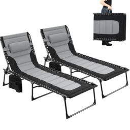 Clevich XXL Folding Deck Chair, Set of 2, 199 x 66 cm, Oversized Sun Lounger with 5-Way Adjustable Backrest, Garden Lounger with Pillow & Side Pocket, Camping Lounger up to 150 kg for Beach, Pool