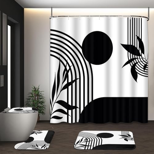 Tayney Boho Mid Century Shower Curtain Set with Toilet Lid Cover and Non-Slip Rugs, Abstract Geometric Black White 4 Pcs Modern Minimalist Vintage Shower Curtain for Bathroom Set with 12 Hooks