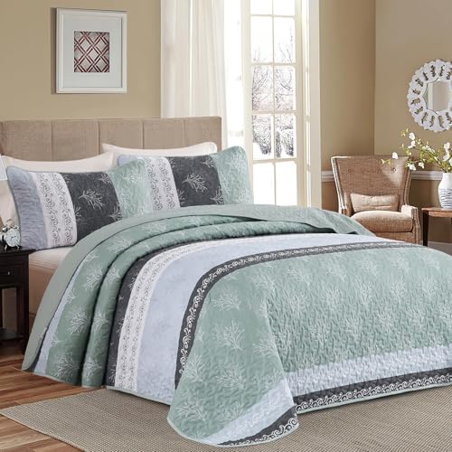 DJY Stripe Quilt Set Queen Size Sage Green Bedspread Coverlet Set 3 Pieces Boho Branch Floral Pattern Quilted Bedding Set, Soft Lightweight Bed Cover for All Season (96''x90'')